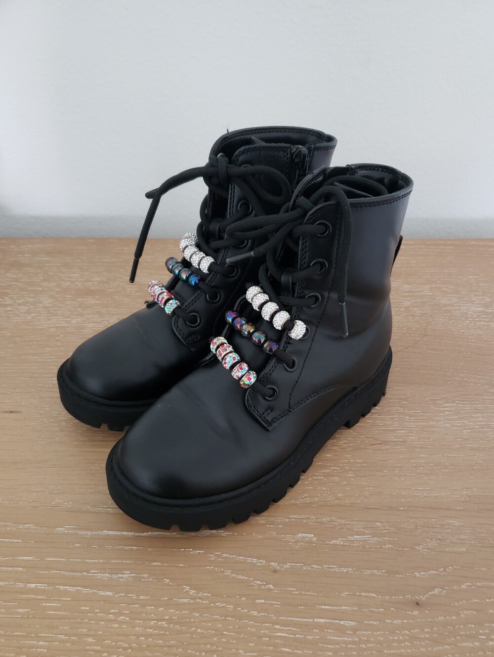 Girls Black Lace-Up Combat Boots with Decorative Beads